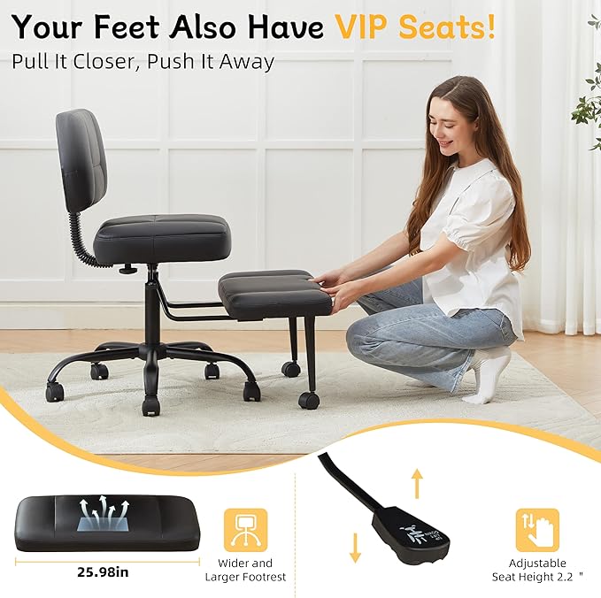 Criss Cross Legged Office Chair with Wheels,Swivel Meditation Chair for ADHD,Ergonomic Cross Legged Desk Chair with Thicken Adjustable Footstool,PU Sitting Fidgeting Kneeling Chair for Home Yoga Black