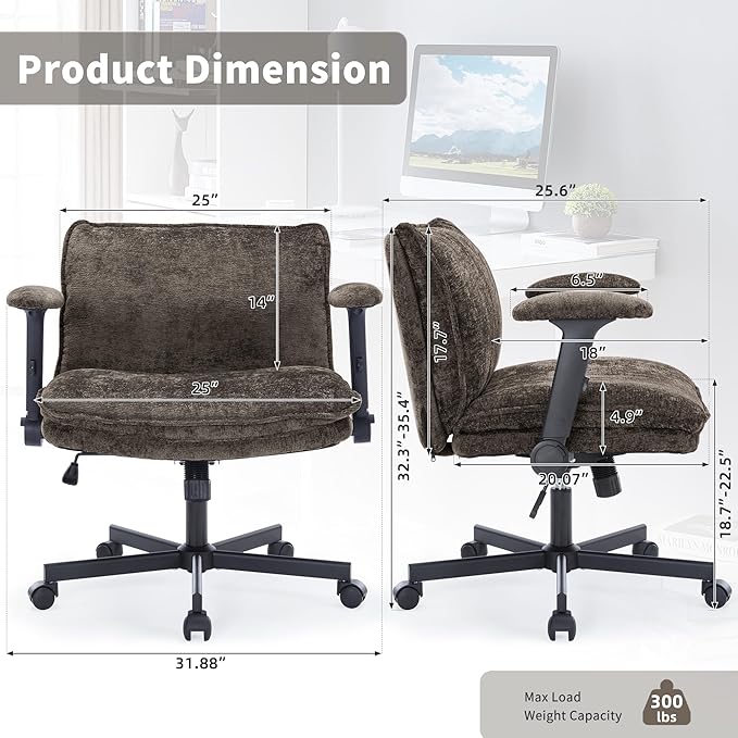 Cross Legged Office Chair, Height Adjustable Swivel Desk Chair with Flip-Up Arms, Padded Criss Cross Chair for Home Office & Bedroom