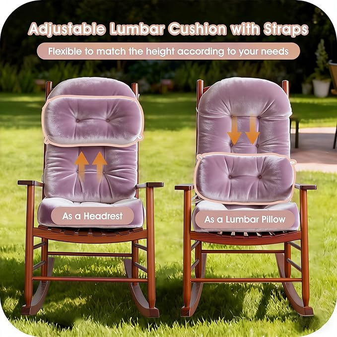 Rocking Chair Cushion Indoor Large Chair Pads Set with Ties Extra Lumbar Pillow Premium Dutch Velvet High Resilience Filler Non-Slip Bottom, Pink