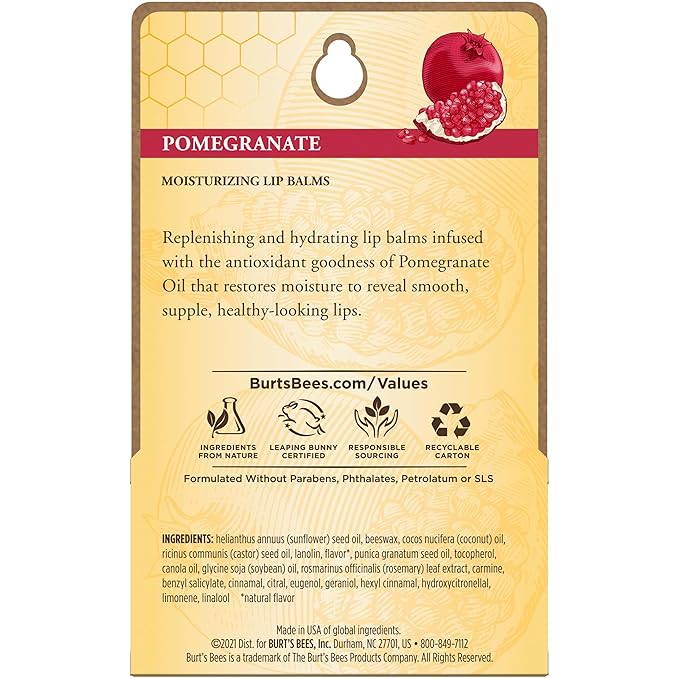 Burt's Bees Lip Balm - Pomegranate, Lip Moisturizer With Responsibly Sourced Beeswax, Natural Origin Conditioning Treatment, 2 Tubes, 0.15 oz.