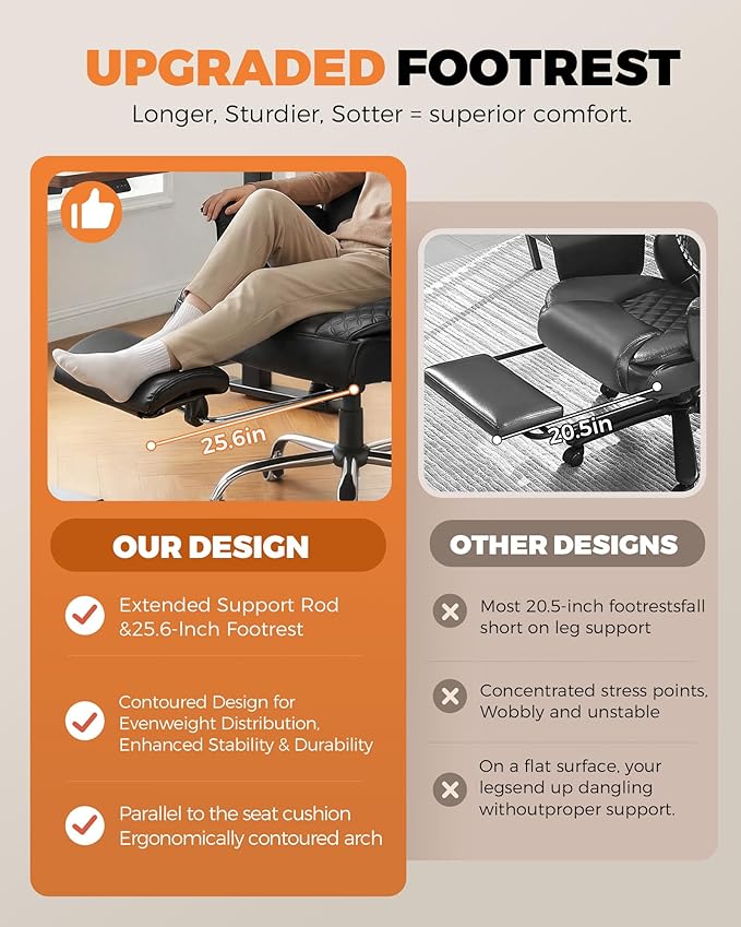 COMHOMA Big and Tall Office Chair with Upgrade Footrest, Heavy Duty Gaming Chair High Back Executive Chair with Spring Lumbar Support for Lower Back Pain Relief, 150°Reclining Adjustable Armrests