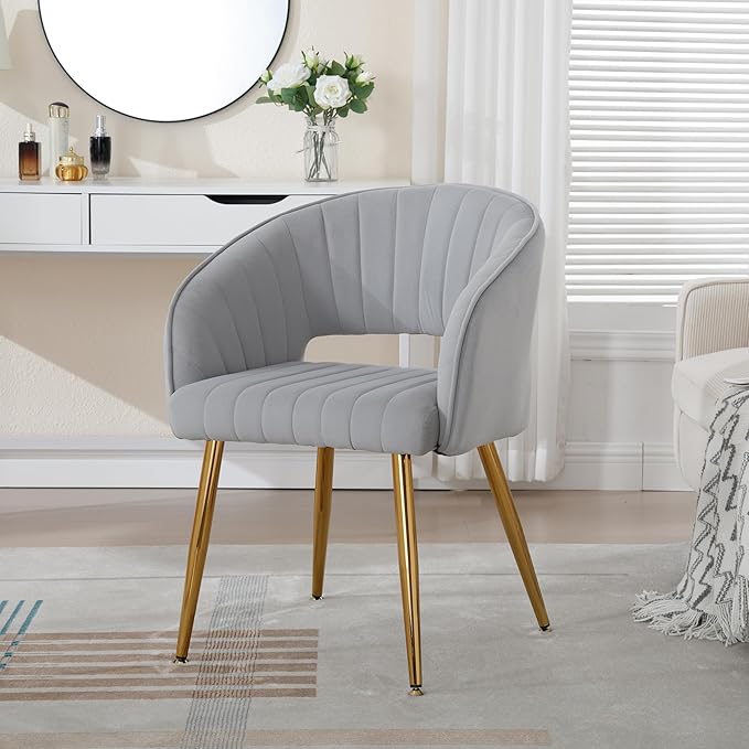 Modern Velvet Vanity Chair, Home Office Desk Chair with Hollow Back, Upholstered Dining Chair with Gold Metal Legs, Comfy Accent Armchair for Living Room Bedroom, Gray