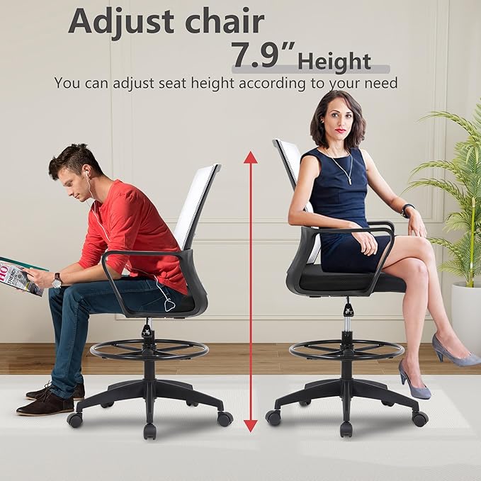 BestOffice Drafting Chair Tall Office Chair Adjustable Swivel Rolling Mesh Height with Lumbar Support Arms Footrest Mid Back for Adults Standing Desk Drafting Stool (Beige)