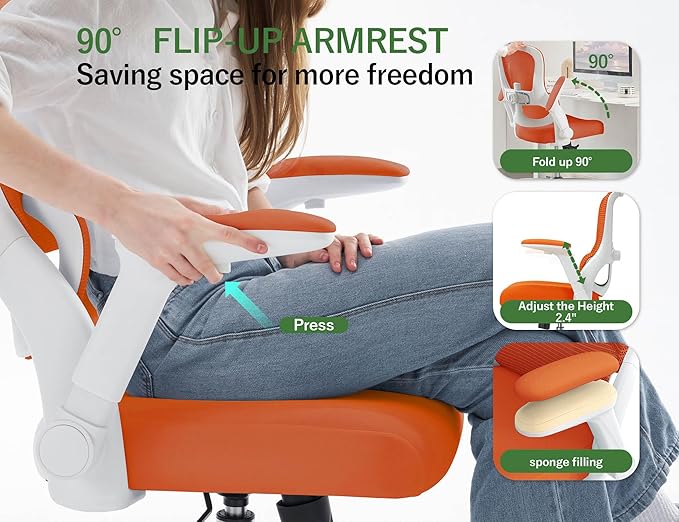 Office Chair Ergonomic Desk Chair Comfy: 400LBS Mesh Computer Chair Ergonomic Gaming Chairs with Wheels Adjustable Lumbar Support and Flip up Armrest-Swivel Executive Chairs Long Hours(Orange)