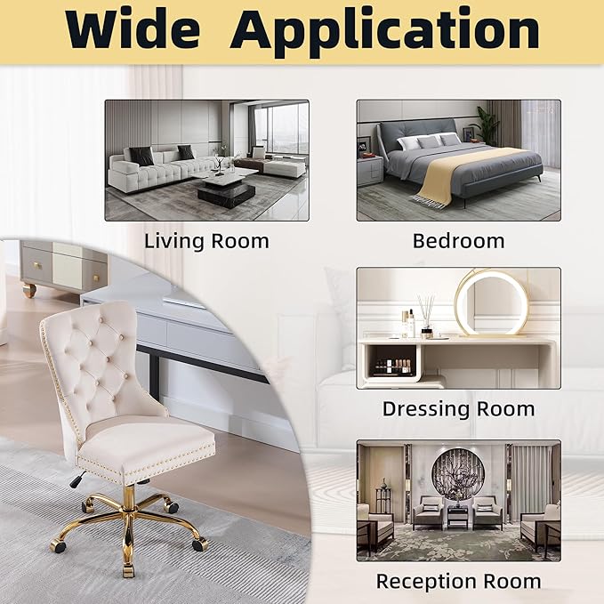 ABET Desk Chair with Wheels, Velvet Gold Office Chair Armless Swivel Chair with Tufted High Back Rivet Trim, Comfy Upholstered Ergonomic Computer Chair for Bedroom, Beige