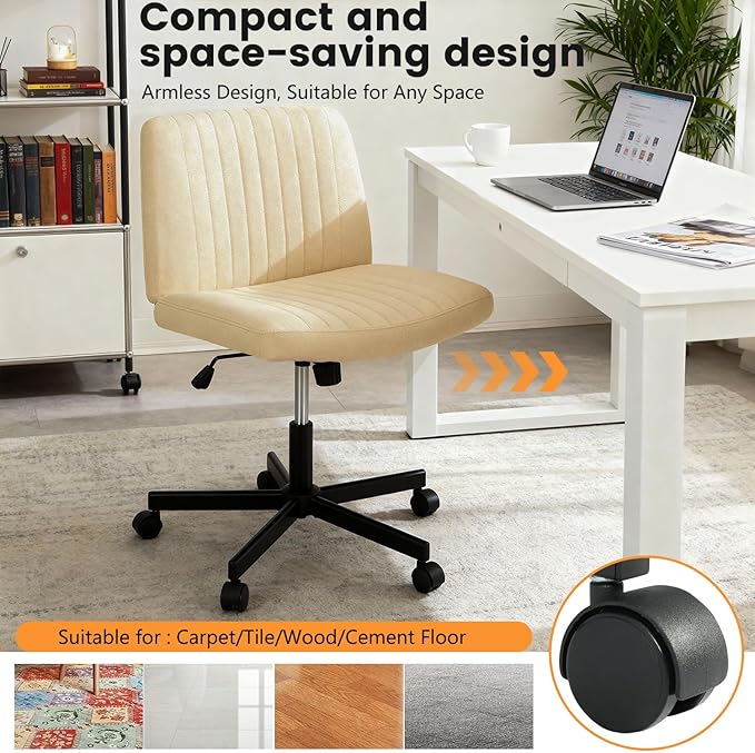 FDW Criss Cross Chair with Wheels Cross Legged Office Desk Modern Swivel Height Adjustable Wide Seat Computer Task Vanity Chair Comfy Fabric Armless Seating for Home Office