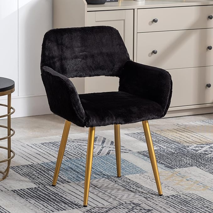 KCC Furry Desk Chair Set of 2, Mid-Century Modern Accent Faux Fur Chair for Teen Girls, Comfy Armchair with Wood Look Metal Legs for Living Dining Room, Home Vanity Makeup Office Desk Chairs No Wheel