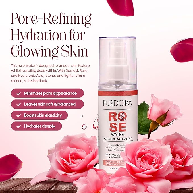 Rosewater, Refreshing Facial Mist, Toner, Glowing Skin, Hydrating Spray for Face, Organic Damask Rose Water, for All Skin Types, Alcohol Free, Cruelty Free, 4.05 Fl Oz 120 ml