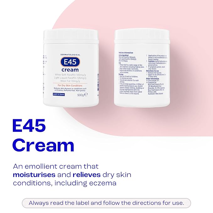 E45 Moisturiser, Body, Face And Hand Cream For Dry, Flaky Skin, Suitable For Eczema, Dry Psoriasis, Sunburn, 500g Tub