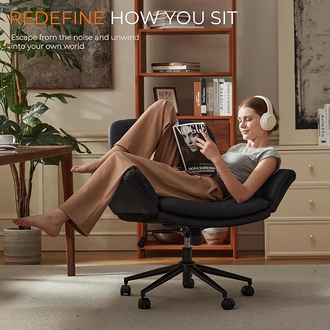 Dowinx Criss Cross Chair with Five-Level Adjustable Arms and Wheels - Comfortable Ergonomic PU Leather Swivel Vanity Chair - Computer Makeup Gaming Chair for Home Office, Bedroom, Living Room (Black)