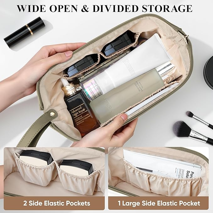 Travel Makeup Bag, Large Capacity Double Layer Cosmetic Bags for Women, Waterproof Portable Make Up Skincare Pouch with Makeup Brush Organizer, Toiletry Bag for Essentials, Beige & Olive Green