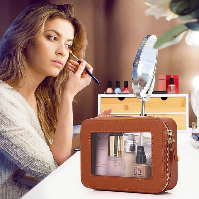 Pinkmik Clear Makeup Bag for Women Waterproof Travel Cosmetics and Toiletries Case Portable Makeup Oaganizer Bag Clear Car Bag with Zipper (X/Brown, M)