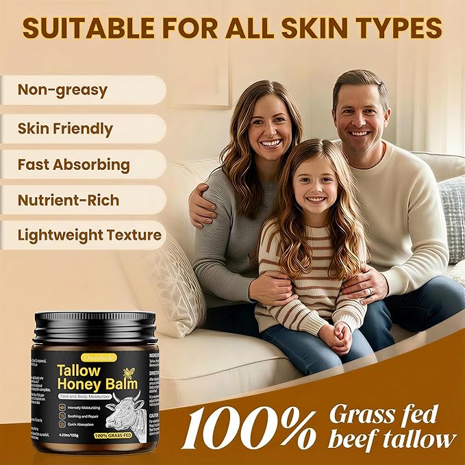 Beef Tallow for Skin,Face,Body - Handmade Whipped Tallow Face Moisturizer& Tallow Balm with 100% Grass-Fed Beef Tallow & Raw Honey,Narural Organic Tallow and honey balm for Men&Women,Unscented,4.23OZ