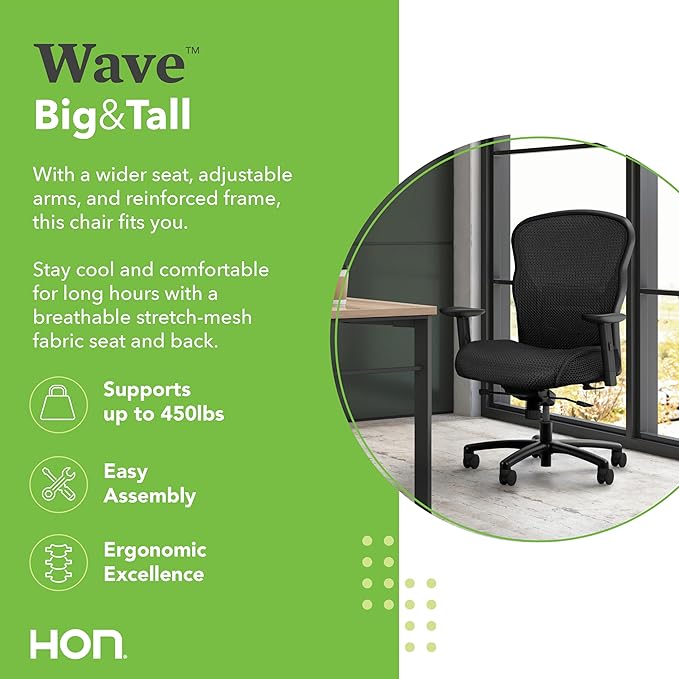HON Wave Big and Tall Office Chair with Adjustable Arms, 450 lbs Capacity, Ergonomic, Breathable Mesh Desk Chair with Wheels, 360° Swivel, Heavy Duty Tilt Recline, Black