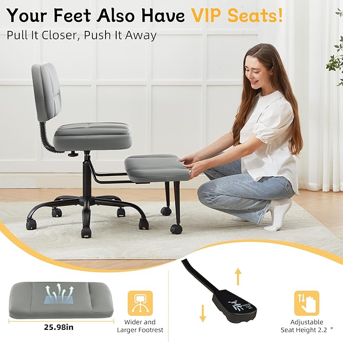 Criss Cross Legged Office Chair with Wheels,Swivel Meditation Chair for ADHD,Ergonomic Cross Legged Desk Chair with Thicken Adjustable Footstool,PU Sitting Fidgeting Kneeling Chair for Home Yoga Grey
