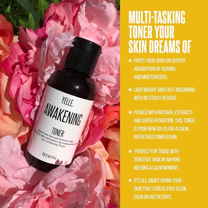 Yelle. Skincare – Awakening Tone & Hydrate Toner – Facial Toner with Rosehip Oil, Hyaluronic Acid, and Organic Herbal Infusion® – Refreshes and Balances Skin – 4oz Bottle