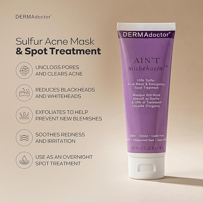 DERMAdoctor Ain’t Misbehavin’ 10% Sulfur Acne Mask, Oil-Absorbing Facial Treatment, 2.3 fl oz