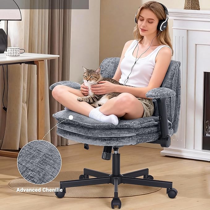 Criss Cross Chair with Wheels and Flip Arms, Upholstered Cross Legged Office Chair with 3 Layer Cushions&Dynamic Airbag Lumbar Support, Wide Seat Comfy Desk Chair for Home Office, Living Room, Grey
