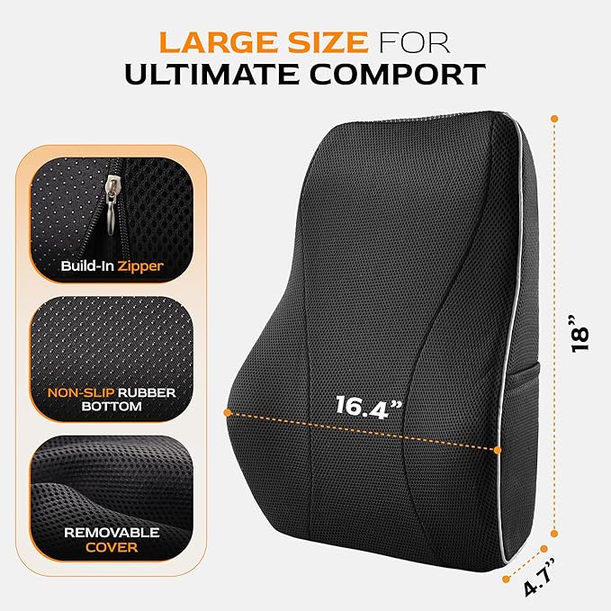 Extra Dense Lumbar Pillow with Double Adjustable Straps - Ergonomic Lumbar Support Pillow for Office Chair, Car, Couch Firm Back Support for Lower Back & Spine Pain Relief Memory Foam Cushion