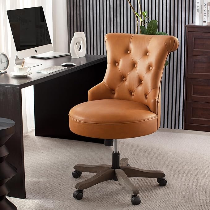 HUIMO Home Office Chair Upholstered Armless Desk Chair with Wheels Adjustable Height Computer Desk Chair with Wooden Legs Comfortable Swivel Chair for Home Office Study Studio (Caramel Brown)