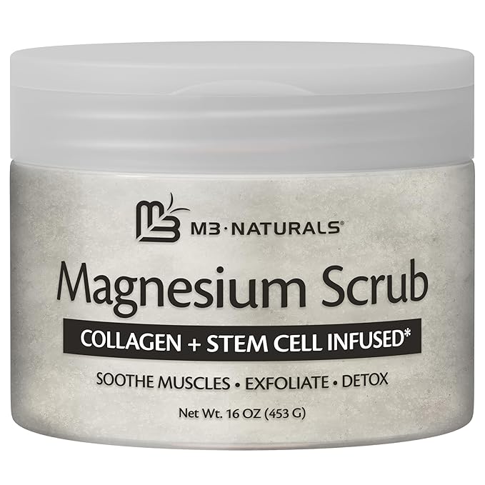 Magnesium Body Scrub for Sore Muscles, Exfoliation & Relaxation | Calming & Moisturizing Mineral-Rich Dead Sea Salt with Collagen, Stem Cell & Shea Butter, for Body, Hands & Feet, 16oz by M3