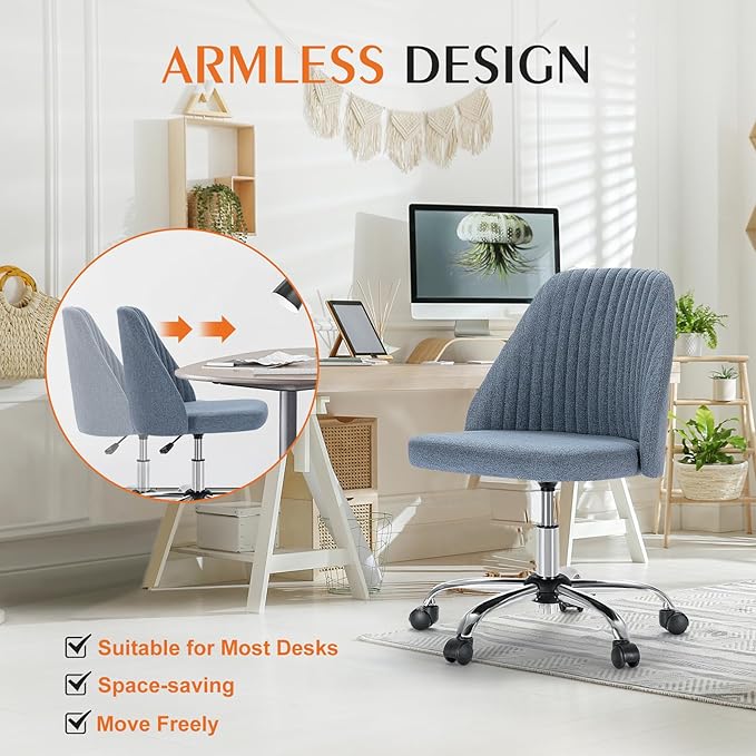 Sweetcrispy Armless Vanity Chair, Cute Comfy Home Office Desk Chair with Wheels, Modern Upholstered Task Computer Seat for Bedroom, Study, Makeup Vanity, Height Adjustable & Swivel, Blue
