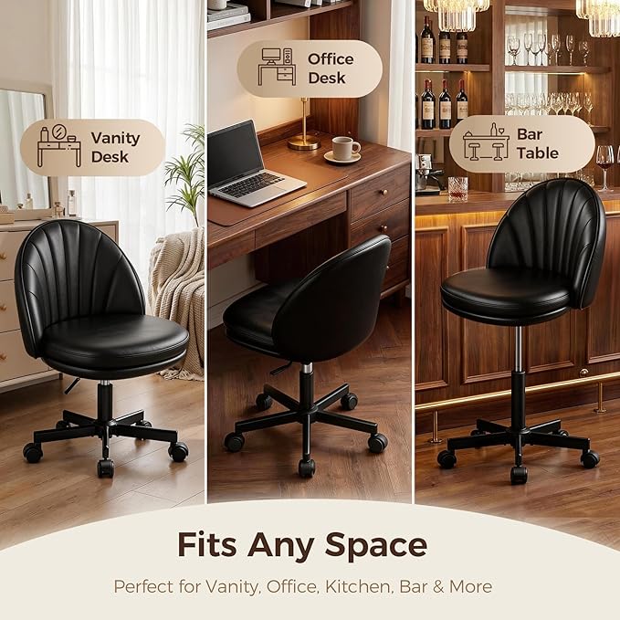 GTPOFFICE Vanity Chair with Back, Adjustable Tall Office Chair High Swivel Bar Stools Fluffy Cute Desk Chair Comfy with Wheels Armlees Counter Height for Adults Standing Desk Bar, Smooth Pu, Black