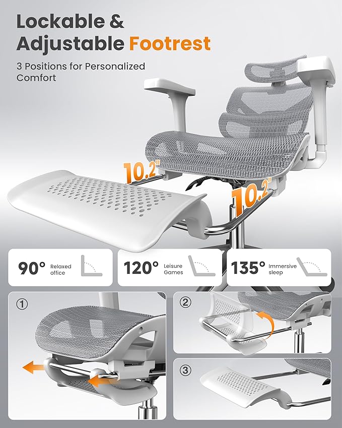 naspaluro Ergonomic Office Chair, High Back Mesh Desk Chair, 350lbs Capacity, Lumbar Support, 3D Armrest Headrest, Footrest, PU Wheels, Swivel Computer Chair for Home Office, Work & Gaming