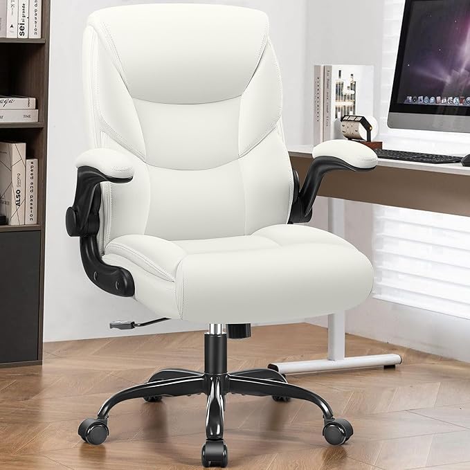 FelixKing Leather Office Chair, Small PU Ergonomic Desk Chair, Comfy Computer Chair with Wheels and Flip-up Armrests, Adjustable Height Mid Back Executive Office Chair for Short People-White