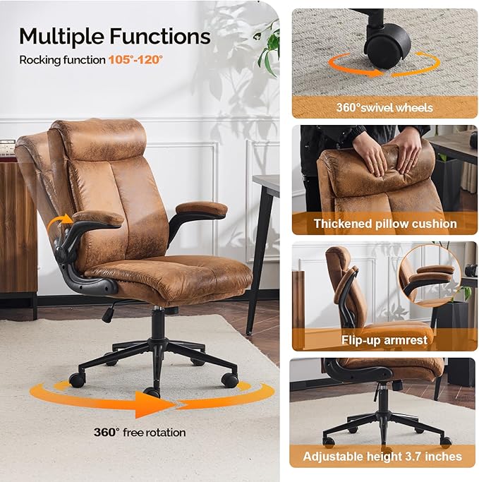 VINGLI Microfiber Brown Rolling Ergonomic Office Desk Chair with Padded Flip-up Arms, 360°Swivel High Back Executive Computer Chair with Wheels for Game，Home Small Space, Study Room, Reading Room