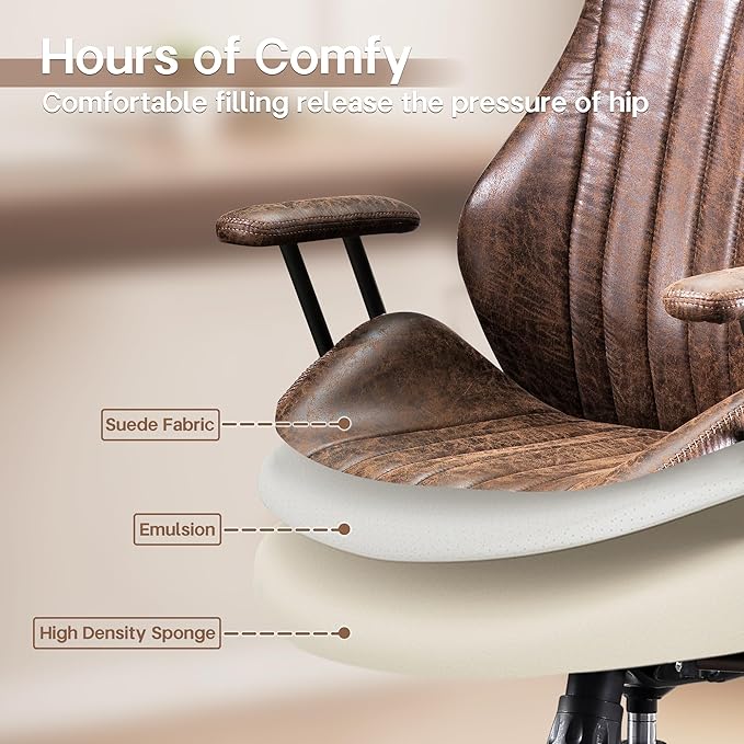 HOOOWOOO Faux Suede Leather Home Office Desk Chair,MCM Modern Ergonomic Task Work Chair,Computer Gaming Chair with Cushion Seat Lumbar Support Reclining High Back for Long Hours(Chocolate Brown)