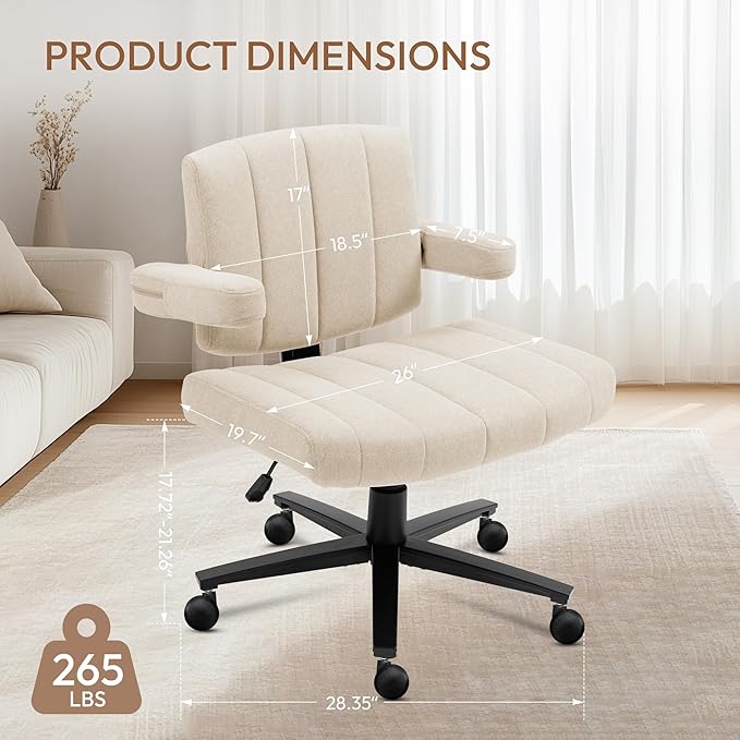 White Criss Cross Office Chair with Wheels, Ergonomic Wide Seat Vanity & Dressing Table Chair, Adjustable Arms Swivel Rolling Desk Chair for Women, Comfortable Cross-Legged Support
