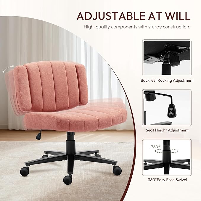 Pink Criss Cross Office Chair with Wheels, Ergonomic Wide Seat Vanity & Dressing Table Chair, Adjustable Arms Swivel Rolling Desk Chair for Women, Comfortable Cross-Legged Support