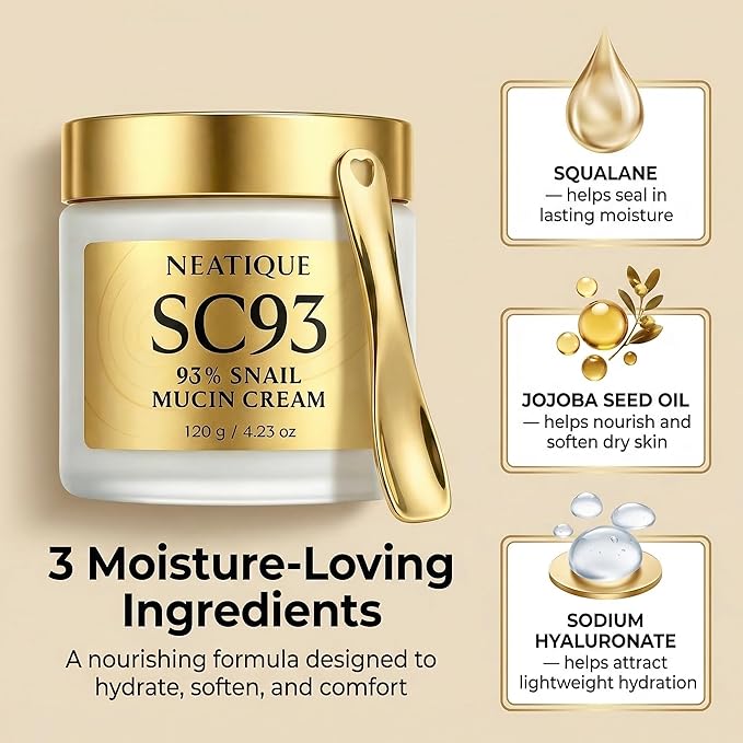 Snail Mucin Cream 93% for Skin Care, Intense Hydration & Dryness, Snail Mucin Moisturizer 120g, Natural Snail Secretion Filtrate & Non-GMO, Fast Absorbing & Non-Sticky, 4.23oz