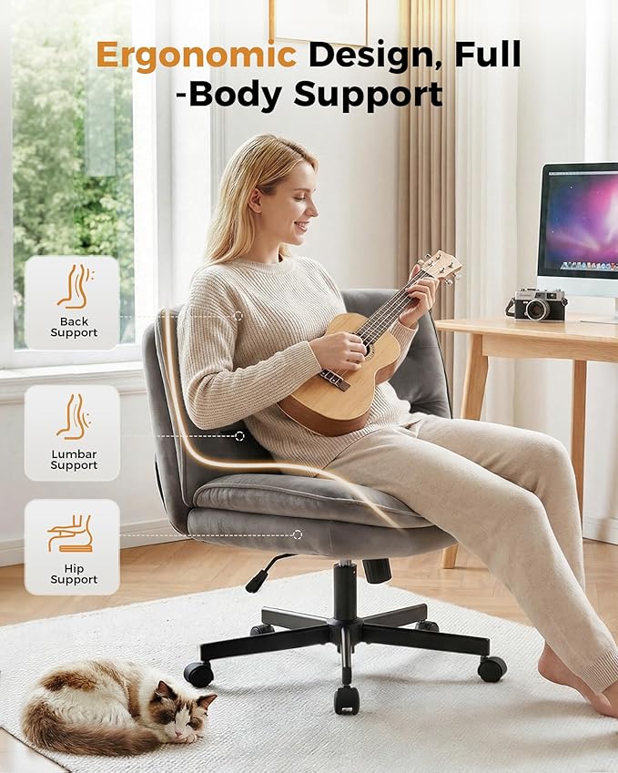 COMHOMA Criss Cross Office Chair with Wheels Armless Desk Chair Comfy, Modern Vanity Chair for Home Bedroom, Comfortable Wide Seat for Lower Back Pain Relief, Soft Velvet, Gray