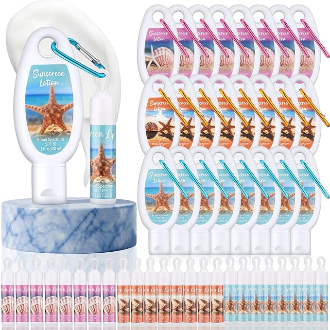 Demissle 24 Sets Mini Sunscreen and Sunscreen Lip Balms Bulk Spf 30 Travel Size with Carabiner Clip-on Lip Balms Packets for Summer Wedding Bridal Baby Shower Party Favors Gifts(Beach)