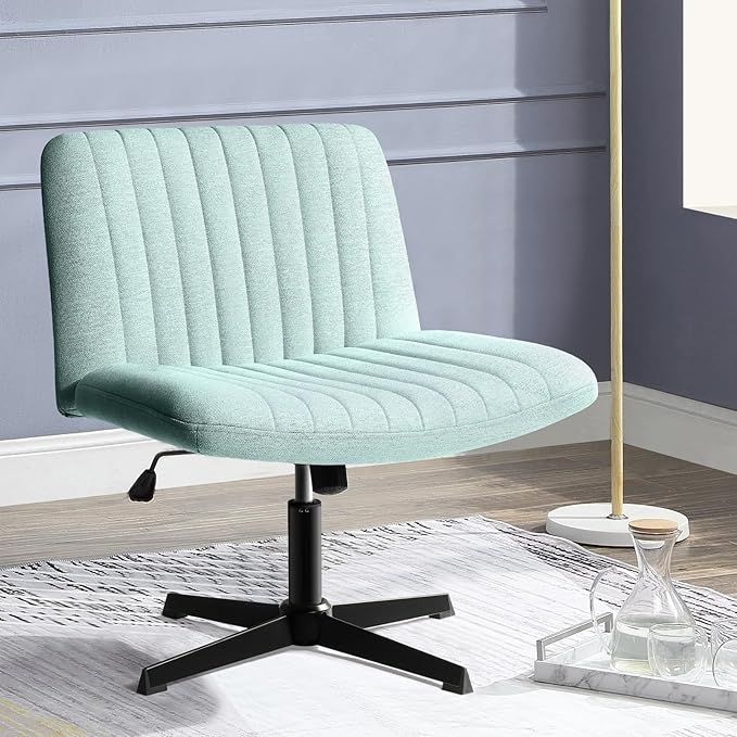 PUKAMI Criss Cross Chair,Comfy Cross Legged Office Desk Chair No Wheels,Modern Fabric Swivel Adjustable Height Mid Back Wide Seat for Home Office Computer (Mint Green)