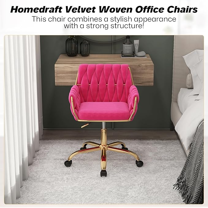 Woven 360°Swivel Desk Chair, Velvet Height Adjustable Home Office Armchair with Golden Base for Teens Women Girls, Upholstery Computer Chair for Home Studios and Office, Woven & Hot Pink