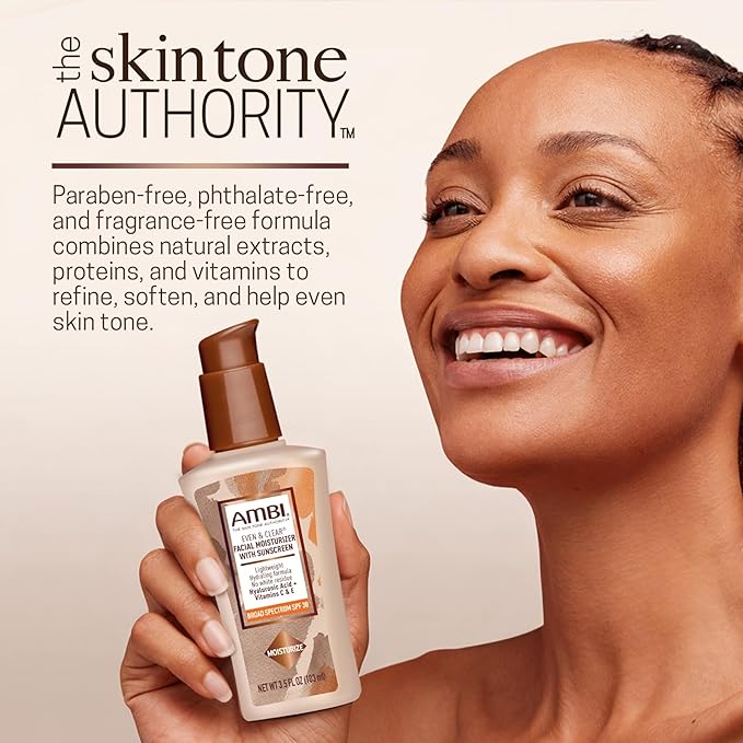 AMBI Even & Clear Facial Moisturizer SPF 30, Daily Face Lotion for Uneven Skin Tone, Hyaluronic Acid, Vitamins C & E, Lightweight Sunscreen, No White Cast, For All Skin Types, 3.5 Fl Oz
