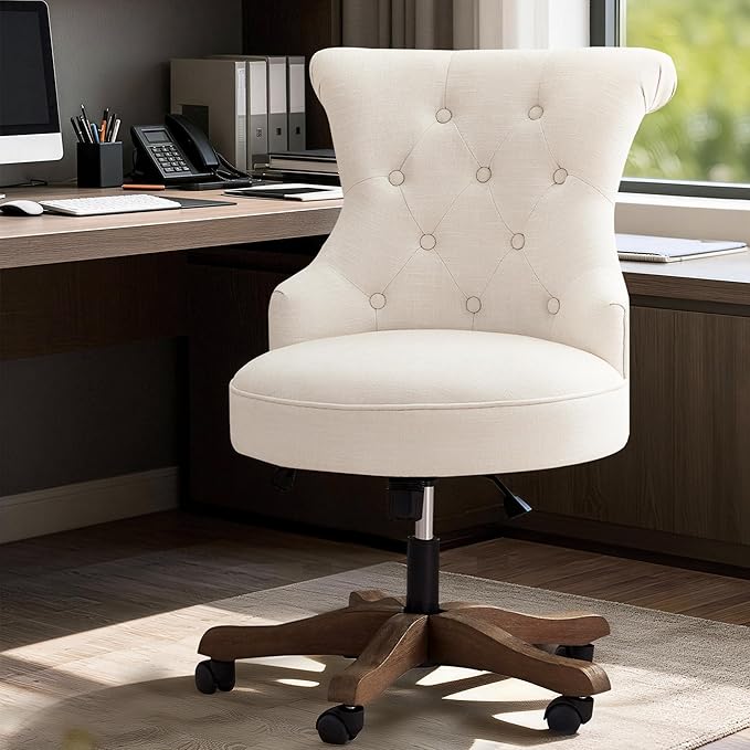 HUIMO Home Office Chair Upholstered Armless Desk Chairs with Wheels Adjustable Height Computer Desk Chair with Wooden Legs Linen Comfortable Swivel for Home Office Study Studio (Beige)