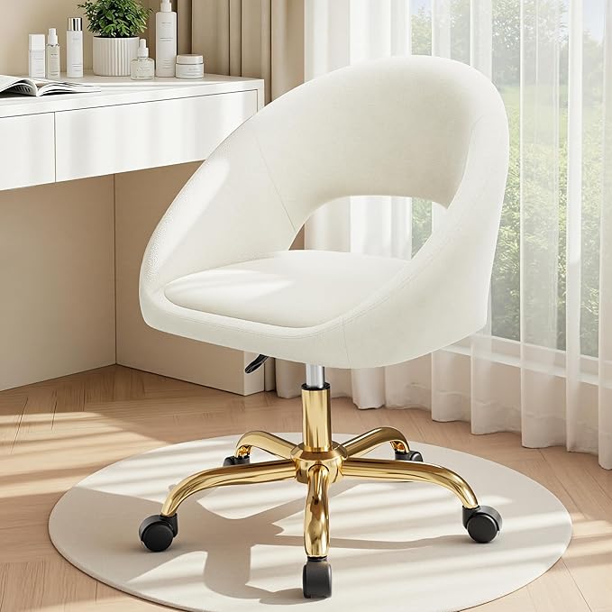 Vanity Chair with Wheels, Comfy Home Office Desk Chairs Adjustable Modern Velvet Makeup Chair for Bedroom Living Room, Soft Cushion Swivel Computer Task Chairs for Women-Beige