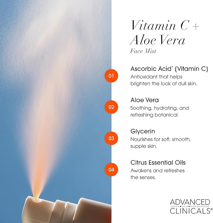 Advanced Clinicals Vitamin C Face Toner + Ferulic Acid & Rosewater, Antioxidant Facial Mist Spray for Face, Skin Refreshing, Hydrating, & Non-Greasy Instant Hydration Facial Spray, 7.5 Fl Oz