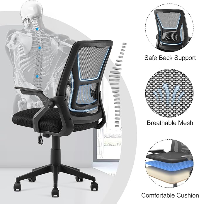 VECELO Mid-Back Swivel Ergonomic Office Chair with Adjustable Arms, Mesh Lumbar Support for Computer Task Work, Black