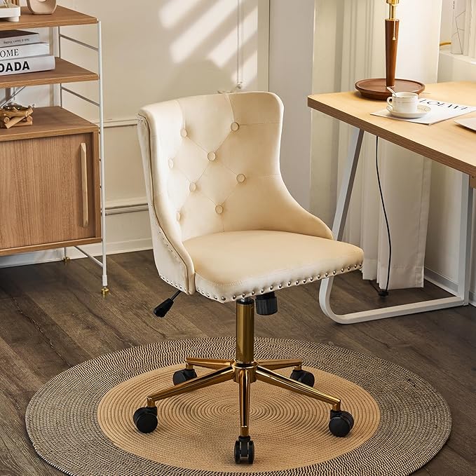 VINGLI Beige Velvet Armless Home Office Desk Chair with Gold Base/Wheels, Small Cute Vanity/Makeup Chair with Back for Bedroom, Upholstered Adjustable Rolling Swivel Nail Chair for Women/Girls