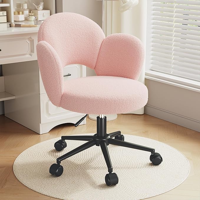 Petal Vanity Chair with Wheels, Cute Desk Chair with Back, Height Adjustable & Lumbar Support, Small Office Chair for Study, Makeup & Relaxation, Pink