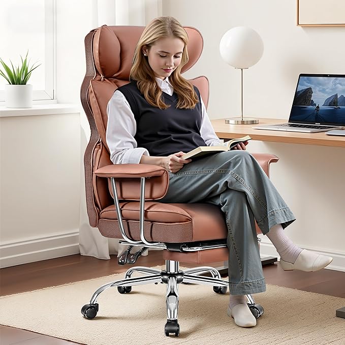 Office Chair Comfy, Big and Tall Executive Leather Chair, High Back Ergonomic Wide Chair with Footrest, Reclining Computer Desk Chair, Heavy Duty Gaming Chair with Padded Arm and Pillow, Brown