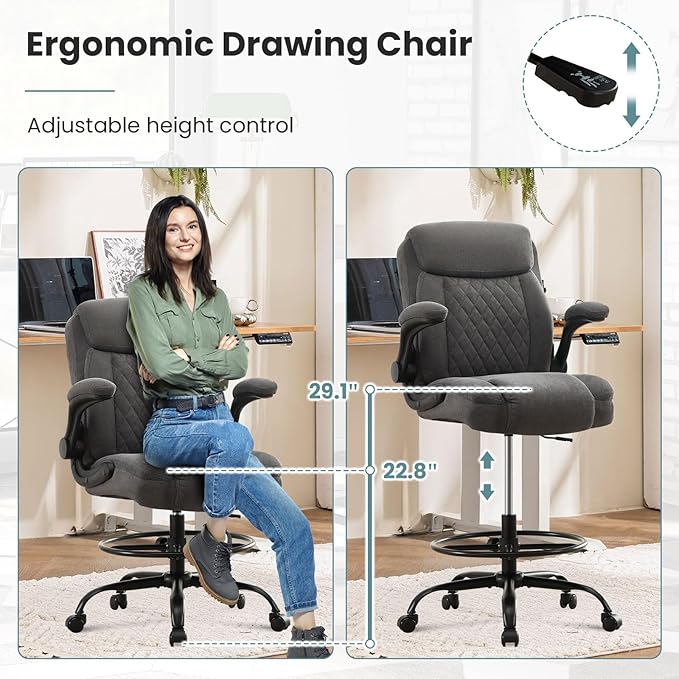 Drafting Chair for Standing Desk – Tall Office Chair with Adjustable Height & Foot Ring, Flip-Up Arms, Lumbar Support – Comfortable Fabric Seat, Ideal Home Desk Chair