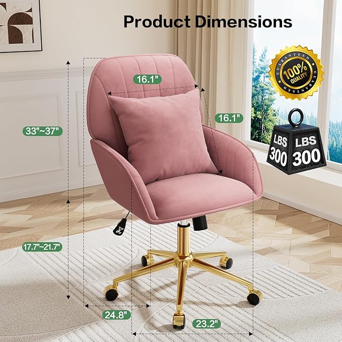 Home Office Desk Chair Comfy with Adjustable Swivel Wheels, Modern Velvet Makeup Vanity Chair with Back & Pillow, Ergonomic Office Chair Computer Task Chair for Living Room, Bedroom, Rose Pink