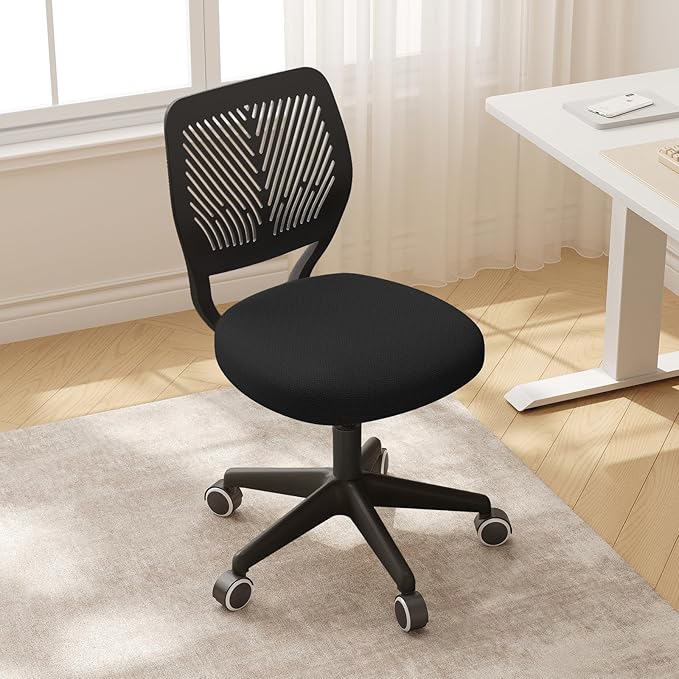 Armless Desk Chair, Height Adjustable Swivel Office Rolling Task Chairs with Soft Mesh Padded Cushion, Ergonomic Small Study Computer Chair for Girls Boys Teens (Black, 1PC)