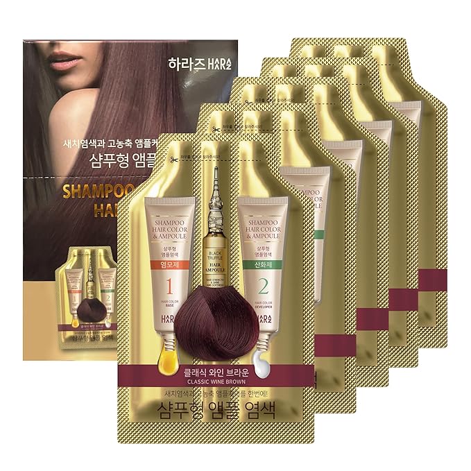 Instant Hair Dye Shampoo Ampoule, Permanent Hair Color Dye - Paraben-Free, Hair Color for Gray Hair Coverage with Keratin & Collagen, 5-Minute Easy and Fast Coloring, Made in Korea (Wine Brown)